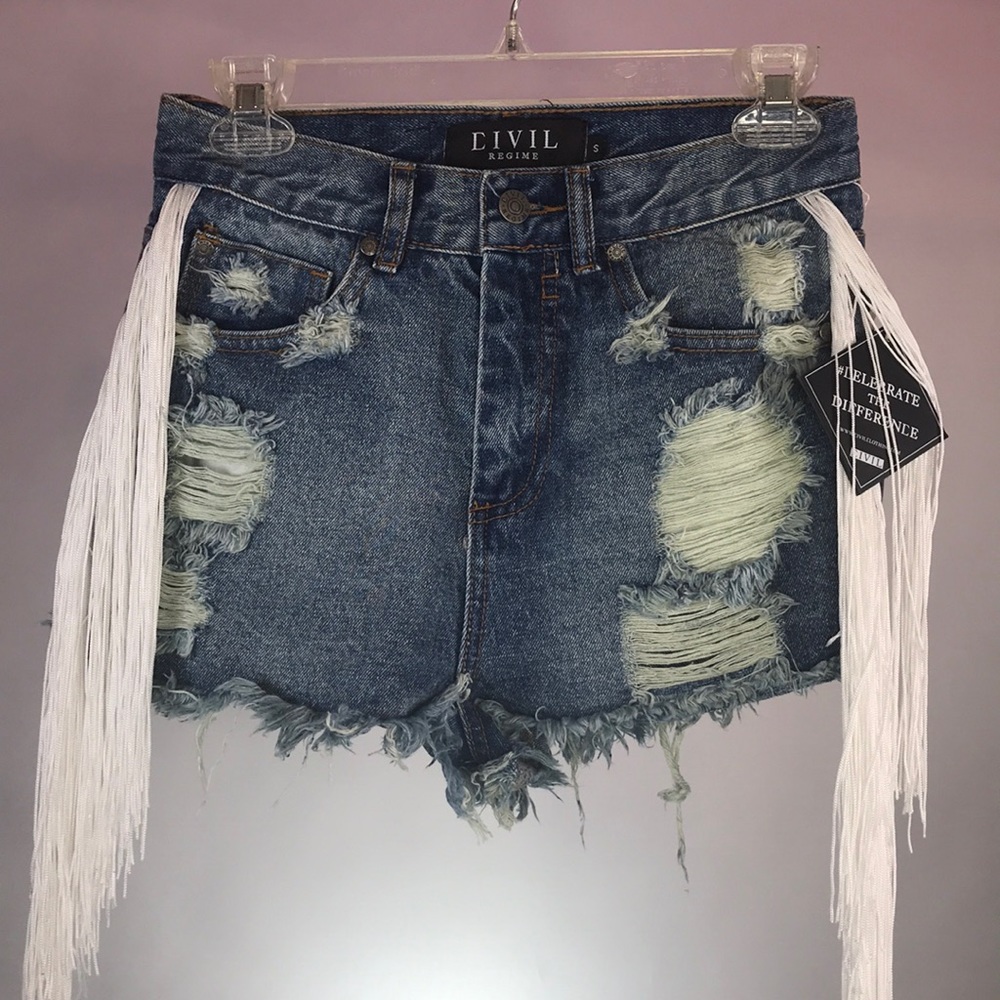 White fringe distressed denim shorts